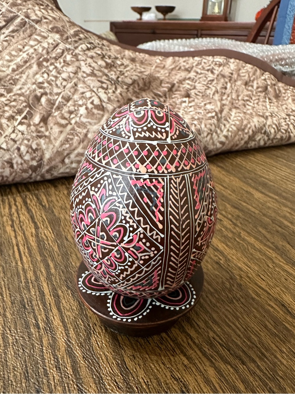 Ukraine Hand-Painted Decorative Egg Accent- Pink and Brown